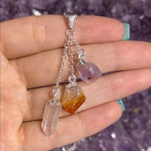 Amethyst, Citrine, and Clear Quartz Triple Stone Pendant, Raw Stones, Abundance